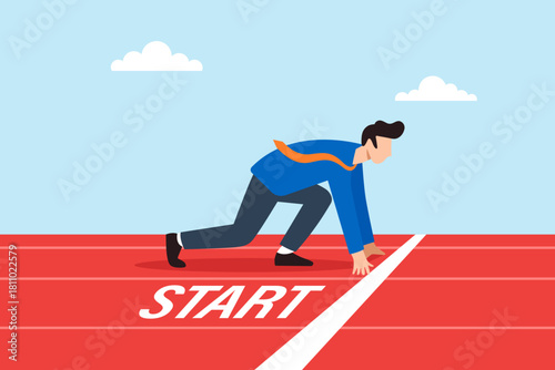 Flat illustration of businessman in starting position on race track ready to sprint symbolizing ambition determination and new beginnings