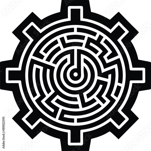 Black and white gear maze icon, isolated on transparent background