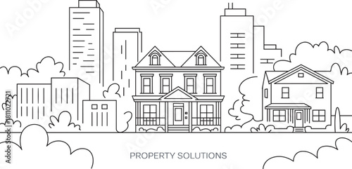 Line Art Illustration Of A Suburban Neighborhood With Houses And City Buildings vector
