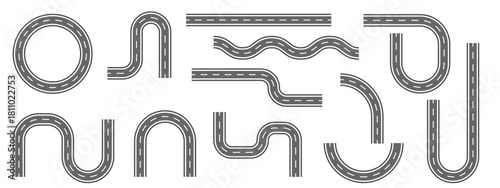 Road elements set with top view highway segments in vector. Street icons display asphalt tracks, lanes with curves, junctions, corners in various shapes. Design template for city maps.