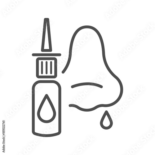 Nasal spray flat line icon. Vector outline pictogram of a nose dripping next to a spray bottle, symbolizing cold, flu, allergy, decongestant treatment, and respiratory care.