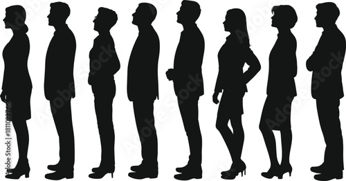 Business people profile silhouette vector set, executives standing side view, corporate staff, teamwork, professional attire, office workers, full body.