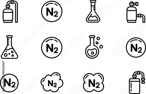 Nitrogen Gas Icons and Symbols Set with Flasks and Tanks vector