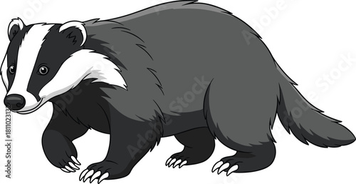 Cute cartoon badger illustration, woodland animal drawing, wildlife character artwork, isolated forest creature, adorable mammal design for children, educational nature graphic