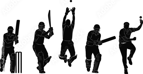 Cricket sport players silhouette vector set, batsman, bowler, fielder catching, batting, bowling action, wickets, game equipment, championship.