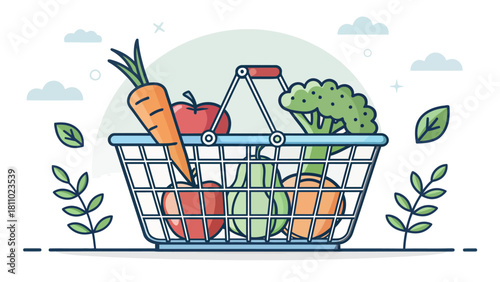 Fresh grocery shopping basket filled with healthy vegetables, perfect for promoting healthy eating habits and sustainable lifestyle choices, originally a vector