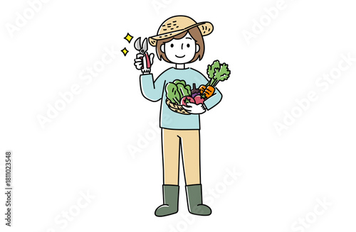 収穫した野菜とハサミを持つ女性のイラスト