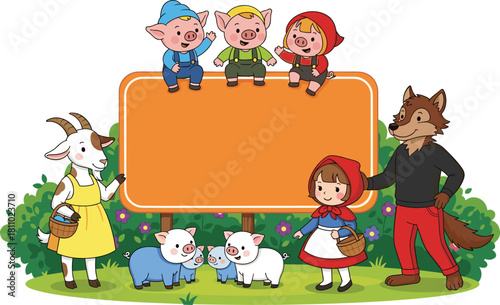 Cute fairy tale characters including little pigs, wolf, goat and girl around blank signboard, colorful children illustration, storybook scene, cartoon design