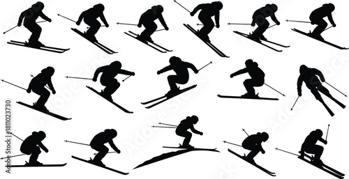Downhill skier silhouette vector set, winter sport, skiing action, mountain recreation, snow slope, athletic activity, extreme cold weather.