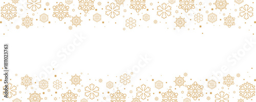 Horizontal Christmas and winter banner template featuring borders of scattered golden snowflakes and small stars on the top and bottom of a central white background.