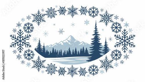 Serene winter landscape framed by delicate snowflakes evokes holiday cheer and seasonal beauty, perfect for greeting cards and festive designs with a calming aesthetic