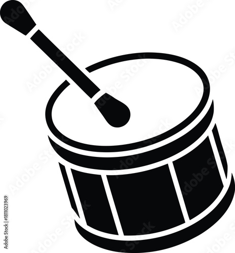 Drum with stick percussion instrument simple vector black graphic