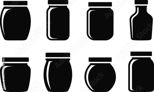 Set of Black Silhouette Icons of Various Jars container glass