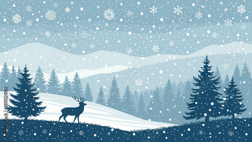 Enchanting winter wonderland scene with snow falling on forest and mountains, a majestic deer stands peacefully amid the trees, creating a serene seasonal landscape