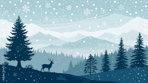 Enchanting winter wonderland scene with deer, snowflakes, and mountains, perfect for holiday cards, seasonal greetings, and festive backgrounds, vector illustration