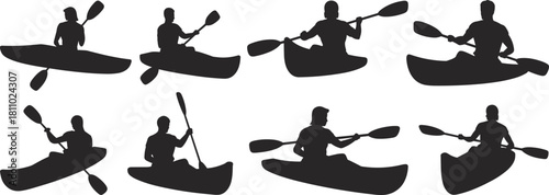 Kayaking and canoeing silhouette vector set, paddling action, water sport, river recreation, boat, adventure, outdoor activity, nature.