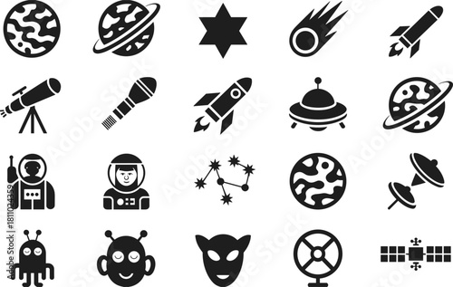 Space Exploration and Astronomy Icons Set with Planets and Rockets vector