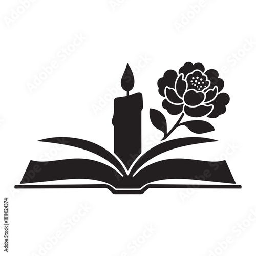 Open Book, Candle, and Flower Symbols of Remembrance, Wisdom, and Beauty Silhouette Design.