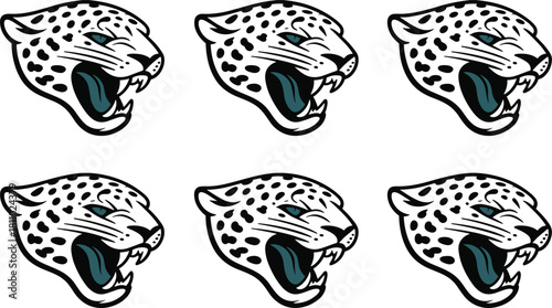 Six Roaring Jaguar Heads in a Grid Pattern Keywords: jaguar, head, animal, wildlife, predator