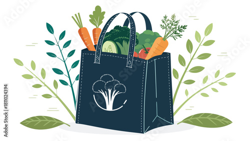 Fresh organic produce overflowing a reusable tote bag, promoting healthy eating and sustainable lifestyle choices for eco-conscious consumers everywhere