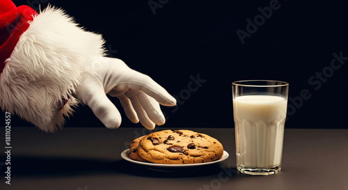 Hand of man in Santa Claus costume dipping chocolate chip cookie into glass of milk on black background, traditional Christmas treat for father Christmas
