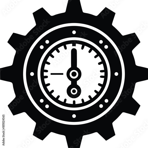 Clock time telling device inside a gear mechanism on transparent background