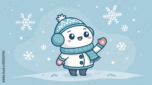 Adorable winter character in hat and scarf waving hello amidst falling snowflakes brings cheerful holiday vibes, perfect for festive greeting cards and designs
