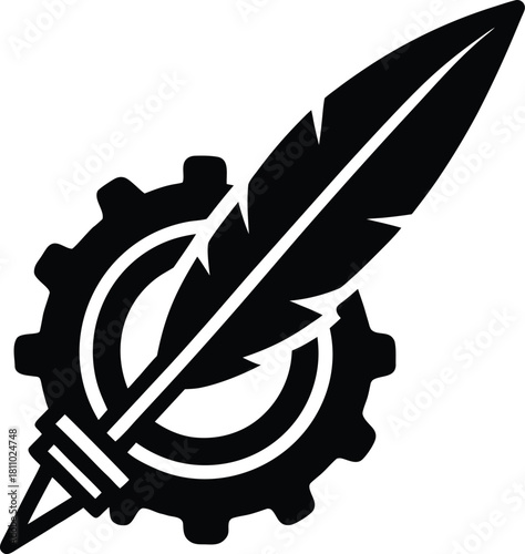 Industrial gear with quill pen isolated on transparent background design element