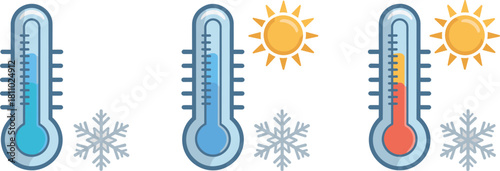 Three Thermometers Showing Cold And Hot Temperatures With Sun And Snowflakes vector