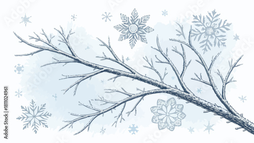 Winter's embrace with delicate snowflakes and frosted branches, capturing the serene beauty of the season, perfect for holiday designs and winter themes