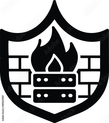 Firewall server protection emblem shield with flame and brick wall elements