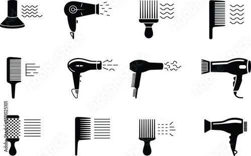Twelve Black Hair Styling Tools Icons On White Background comb brush
