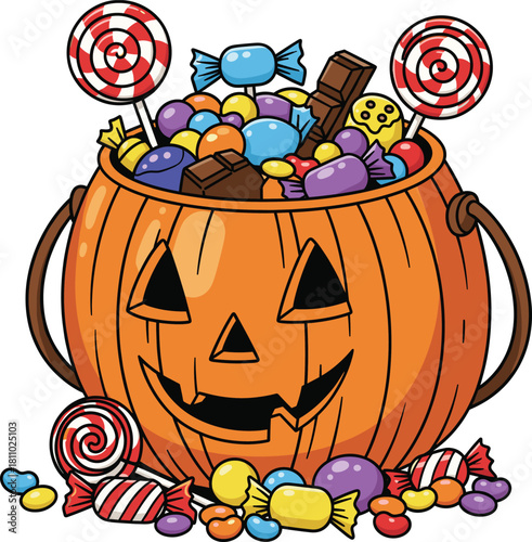 Colorful Halloween Pumpkin Candy Bucket Filled with Sweets, Lollipops, Chocolates, and Festive Treats