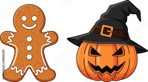 Cute Gingerbread Man and Halloween Pumpkin Illustration | Festive Christmas & Halloween Character Art