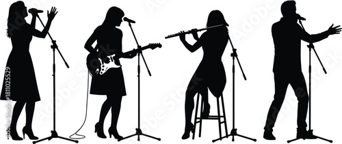 Live music performers silhouette vector set, singer, guitarist, flute player, concert, band, microphone, female and male musicians, stage.