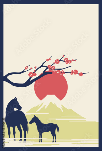 馬の親子と富士山　お正月/年賀状素材