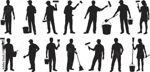 Professional painter and maintenance worker silhouettes, holding tools, bucket, roller, brush, cleaning, home renovation, construction, vector collection.