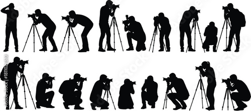 Professional photographer silhouette vector set, shooting, tripod, camera, journalism, hobby, photo session, capturing moments, media production.