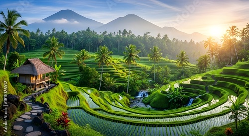 Spectacular green Bali rice terraces with a majestic volcano backdrop. Features a traditional bamboo house, small waterfall. Warm golden hour light highlights this serene and rich cultural landscape. 