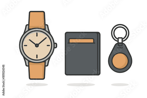 Set of everyday carry icons featuring wristwatch, wallet, and security key fob on white background