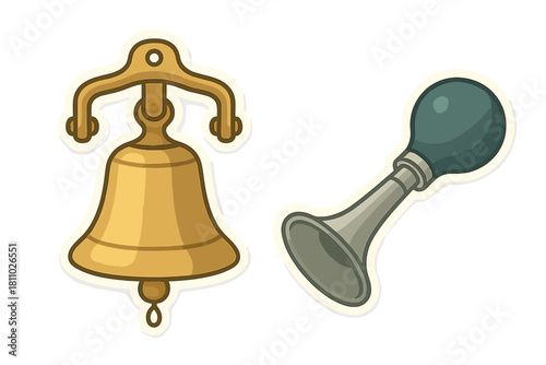 Set of classic brass bell and vintage rubber bulb horn signaling devices