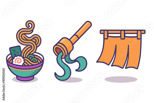 Traditional Japanese food and culture symbols including ramen, sake ladle, and noren curtain