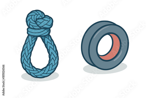Distinctive blue braided rope tied into a loop knot positioned next to a gray circular spool