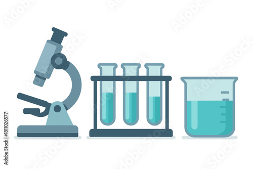 Essential scientific laboratory equipment set featuring a microscope, test tubes, and beaker