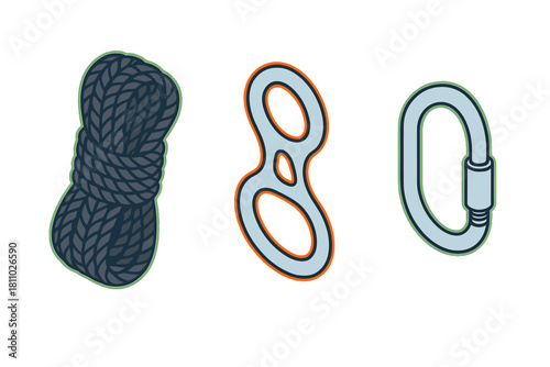 Essential climbing gear set with coiled rope, figure eight descender, and locking carabiner