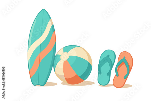 Summer beach vacation essentials: surfboard, inflatable ball, and flip flops