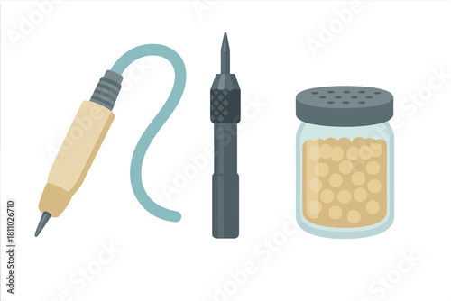 Essential electronic repair tools including soldering iron, spare tip, and solder flux jar