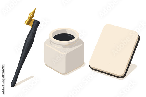 Oblique dip pen, ink pot, and blank paper stack for traditional writing and drawing