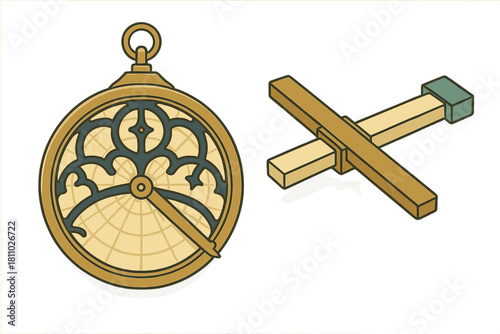 Antique astrolabe and cross-staff instruments for celestial navigation and astronomical measurements