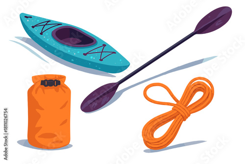Essential outdoor equipment for kayaking including kayak, paddle, dry bag, and rope